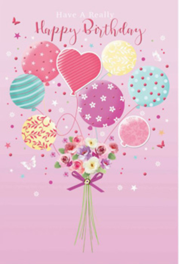 A delicate, storybook-style birthday card scene unfolds against a blush-pink backdrop, as though painted for a joyful celebration in Norbury. At the top, a gathering of pastel balloons seems to float effortlessly upward, like they're drifting above the treetops near Norwood Grove. Each balloon carries its own character: some display candy-striped ribbons that spiral around their rounded forms, others are dotted with playful polka spots, while a prominent heart-shaped balloon in the middle quietly radiates affection. The colours-gentle pink, seafoam green, lemon yellow, and misty lavender-melt into each other in a soft, harmonious palette. Beneath this airy cluster, a neat hand-tied bouquet serves as the anchor, just as a florist in Norbury would create for a birthday delivery. Petite roses and daisy-like blossoms in shades of cream, blush, and muted mauve gather tightly together, their petals layered and velvety, suggesting fresh, cool textures and a sweet, almost sugared fragrance. A rich purple bow wraps the stems in a final flourish, its satin loops catching tiny glimmers of light that also touch the balloons and petals. Around the main design, small butterflies and tiny star-like specks drift and sparkle, suggesting movement and a hint of fairy-tale wonder, as if the bouquet were lifting into the air on a birthday wish. The composition balances playfulness with elegance, offering the feeling of a carefully chosen card that might accompany flowers delivered across Norbury-whether to a cosy terrace near Green Lane or a birthday table set for family and friends. Every detail is considered, creating a sense of gentle jubilation and heartfelt celebration.