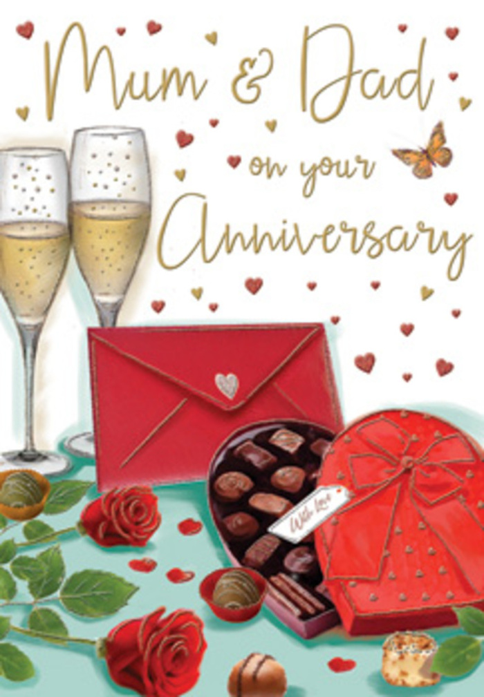 Elegant anniversary card artwork portraying a lovingly arranged table scene that could easily belong in a Norbury living room prepared for a family celebration. Two tall champagne glasses stand together at the centre, their clear sides reflecting soft ambient light while tiny golden bubbles glimmer inside, as though waiting for the moment a toast is raised. Nestled close by is a heart-shaped chocolate box, its lid gently open to reveal rows of tempting truffles in rich shades of cocoa and caramel, still tied with a dramatic red bow that drapes over the edge of the table. Nearby, a pair of deep red roses rest among fresh green leaves, their petals velvety and full, recalling the kind of carefully chosen stems a skilled florist in Norbury might select for an anniversary bouquet order. A bold scarlet envelope, sealed with care, suggests a handwritten message for Mum & Dad, offering a quiet promise of shared memories and gratitude. Scattered around this scene, tiny gold and crimson hearts drift against a warm-toned background, adding movement and gentle romance without overwhelming the composition. The light seems soft and evening-like, casting a subtle glow over glass, ribbon, and petals, much like the cosy atmosphere of a home near Norbury station on a celebratory night. Altogether, the card reflects warmth, family closeness, and the tender joy of marking another year of love together.