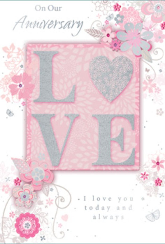 This anniversary card appears like a thoughtfully arranged paper bouquet, captured under soft daylight similar to what filters through the windows of a Norbury terrace. At the centre, the word LOVE rises from the card in bold, sculpted capitals, their surfaces coated in a frosted glitter that shifts delicately between blush pink and silvery white. The texture is distinctly tactile, suggesting that running a fingertip over each letter would feel like tracing sugared petals on a celebration cake. Behind and around this central motif, the background glows in a gentle pink wash, deepening to a richer blush near the edges, as though love itself is radiating outward. Encircling the word are wispy, hand-drawn blooms, slender leaves, and curling tendrils that sweep in soft arcs from corner to corner. The flowers are illustrated in pale pinks, muted mauves, and soft greys, highlighted with tiny touches of silver that glint like dew on early spring blossoms along the side streets off Green Lane. Each line has the careful, confident feel of a florist's sketch, capturing movement and grace more than strict realism. Between these floral curves, an elegant script message reads sentiments akin to I love you today and always, the lettering slim, flowing, and slightly raised, contributing another delicate layer to the tactile experience. The overall design feels peaceful, romantic, and quietly luxurious-an ideal accompaniment to a fresh anniversary bouquet delivered locally, as though the card itself has been styled by a Norbury florist who understands how to balance softness, sparkle, and heartfelt emotion.