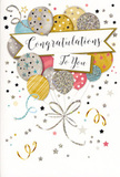 The card in this image looks like a pocket-sized celebration, the kind of thoughtful finishing touch you might send alongside fresh blooms to a doorstep in Norbury. At its heart, a cheerful bouquet of illustrated balloons floats upward, gathered into a tight cluster that feels jubilant yet refined. Each balloon glows in soft tones of gold, silver, champagne, sky blue, blush pink, and gentle grey, while their surfaces are decorated with sparkling stars, neat stripes, and tiny glittery accents that give the impression of textured foil and glossy ink. Slender ribbons, rendered in graceful metallic gold and silver lines, twist downward from the base of the cluster, creating a sense of elegant movement and tying the whole composition together. Across the middle, a gently curved banner unfurls with the message Congratulations To You written in stylish calligraphy, the flowing strokes radiating warmth and sincerity. Around this central motif, small stars, curling streamers, and confetti-like dots sprinkle the soft, neutral background, as though the air itself is filled with quiet celebration, like the atmosphere of a cosy Norbury living room after good news is shared. The overall mood is bright but not brash, conveying real pride, affection, and joy without overwhelming the senses. As a local florist often matching cards to bouquets for same-day delivery around Norbury, Mitcham Lane, and the surrounding neighbourhoods, I can imagine this design being chosen for exam results, new homes, promotions, or any moment when you want the recipient to feel truly seen and celebrated.