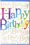 In this image, a richly designed birthday card stands upright, its front dominated by a bold, joyful Happy Birthday that seems to glow with its own light. The phrase is rendered in plump, easy-to-read letters, each filled with a smooth gradient of colour that sweeps from deep cherry red through berry pink, into cool sapphire and teal, and finally towards fresh grassy green and mellow yellow. The blending is seamless, suggesting the soft transitions of evening sky or the varied blooms in a mixed bouquet on a Norbury kitchen table, yet each letter retains a distinct edge so the message is unmistakable. Specks of colour and tiny stars hover around the main text, like a shower of confetti caught mid-fall at a party near Norbury Park or on a garden patio off London Road. Behind this joyful headline, the entire background is overlaid with repeating lines of elegant, cursive script in metallic gold, each line reading Happy Birthday to you. The writing forms an intricate pattern, almost like musical notation, flowing from side to side across the card and giving it depth and texture. The gold ink looks subtly reflective, suggesting a foil finish that would feel sleek and slightly raised under the fingertips, adding a touch of sophistication to the otherwise playful palette. The overall impression is of a thoughtfully designed greeting-bright, modern, and full of affection-that would pair beautifully with a fresh floral arrangement delivered in Norbury, creating a coordinated birthday surprise that feels considered, generous, and genuinely celebratory.