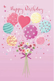 This illustrated birthday card presents a floating celebration of balloons and flowers that feels as light and cheerful as a sunny stroll through Norbury. Set against a soft pink canvas, a cluster of balloons rises gracefully, tethered to a compact hand-tied bouquet below. The balloons vary in shape and pattern: some are perfectly round, others slightly oval, and a prominent heart-shaped balloon glows warmly at the centre. Their pastel shades of rose pink, minty sea green, lemon yellow, and powdery lavender are decorated with candy stripes, tiny dots, and delicate floral motifs, evoking childhood birthdays and friendly gatherings along London Road. Below, the bouquet is formed from petite roses and daisy-like flowers in creamy ivory, blush pink, and gentle mauve, each bloom carefully illustrated with layered, soft-edged petals that suggest a cool, velvety touch and a comforting, sweet fragrance. The stems are gathered neatly and finished with a violet satin bow, its sheen catching highlights as if lit by soft afternoon light drifting through a Norbury living-room window. Subtle stars and a few whimsical butterflies drift around the arrangement, adding hints of movement and magic without distracting from the central design. The entire composition feels airy and uplifting, like a thoughtfully chosen birthday card to match a bouquet delivered by Flower Delivery Norbury to a loved one near Norbury Park. It conveys warmth, affection, and a sense of occasion-an artistic tribute to birthdays that blends playful charm with gentle sophistication.