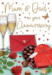 Heartfelt anniversary card illustration featuring a romantic still life that feels perfectly suited to a family celebration in Norbury. At the centre of the design, two slim champagne flutes stand in quiet harmony, filled with sparkling golden liquid whose bubbles seem caught mid-rise, ready for a loving toast. In front of them, a heart-shaped box of chocolates lies invitingly open, revealing neatly arranged truffles in smooth, glossy browns, while a bold red ribbon and bow curl luxuriously across the lid and table. To one side, two rich red roses with velvety, layered petals nestle into deep green leaves, echoing the kind of fresh, passionate blooms prepared daily by Flower Delivery Norbury for local anniversaries. A vivid red envelope, firmly sealed yet full of promise, rests nearby and suggests a personal message for Mum & Dad, carrying years of shared stories. Delicate gold and crimson hearts float across the softly lit background, adding a sense of movement and joyful affection without distracting from the central elements. The entire scene is bathed in a warm, gentle glow, reminiscent of evening light filtering into a Norbury home after a stroll past local shops on London Road. The image captures not just romance, but the enduring, family-centred love that anniversaries in the community so often celebrate.